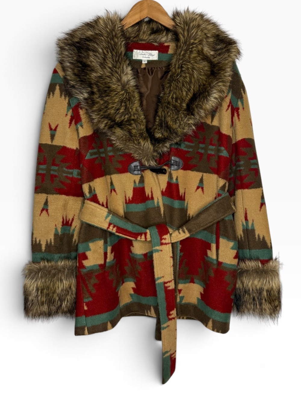 Tasha Polizzi Plains Southwestern Aztec Print Blanket Coat Faux Fur Large